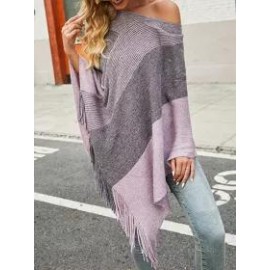 Clashing Plaid Fringed Knit Cape