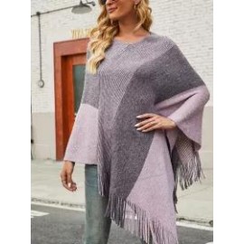 Clashing Plaid Fringed Knit Cape