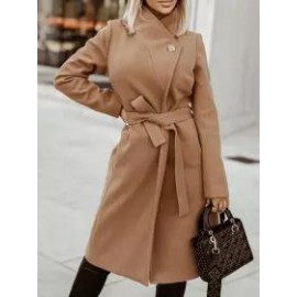 Fashion Solid Color Button And Belted Coat