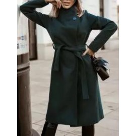 Fashion Solid Color Button And Belted Coat