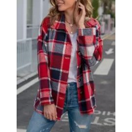 Long Sleeve Lapel Loose Fit Women's Plaid Shirt Mid-Length Coat