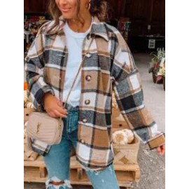 Long Sleeve Lapel Loose Fit Women's Plaid Shirt Mid-Length Coat