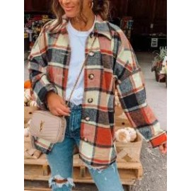 Long Sleeve Lapel Loose Fit Women's Plaid Shirt Mid-Length Coat