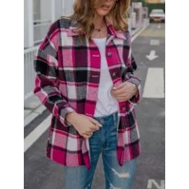 Long Sleeve Lapel Loose Fit Women's Plaid Shirt Mid-Length Coat