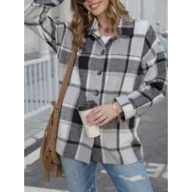 Long Sleeve Lapel Loose Fit Women's Plaid Shirt Mid-Length Coat