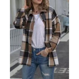 Long Sleeve Lapel Loose Fit Women's Plaid Shirt Mid-Length Coat