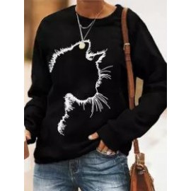 Casual Cat Print Crew Neck Long Sleeves Sweatshirt