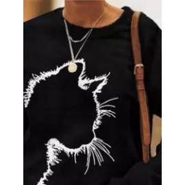 Casual Cat Print Crew Neck Long Sleeves Sweatshirt