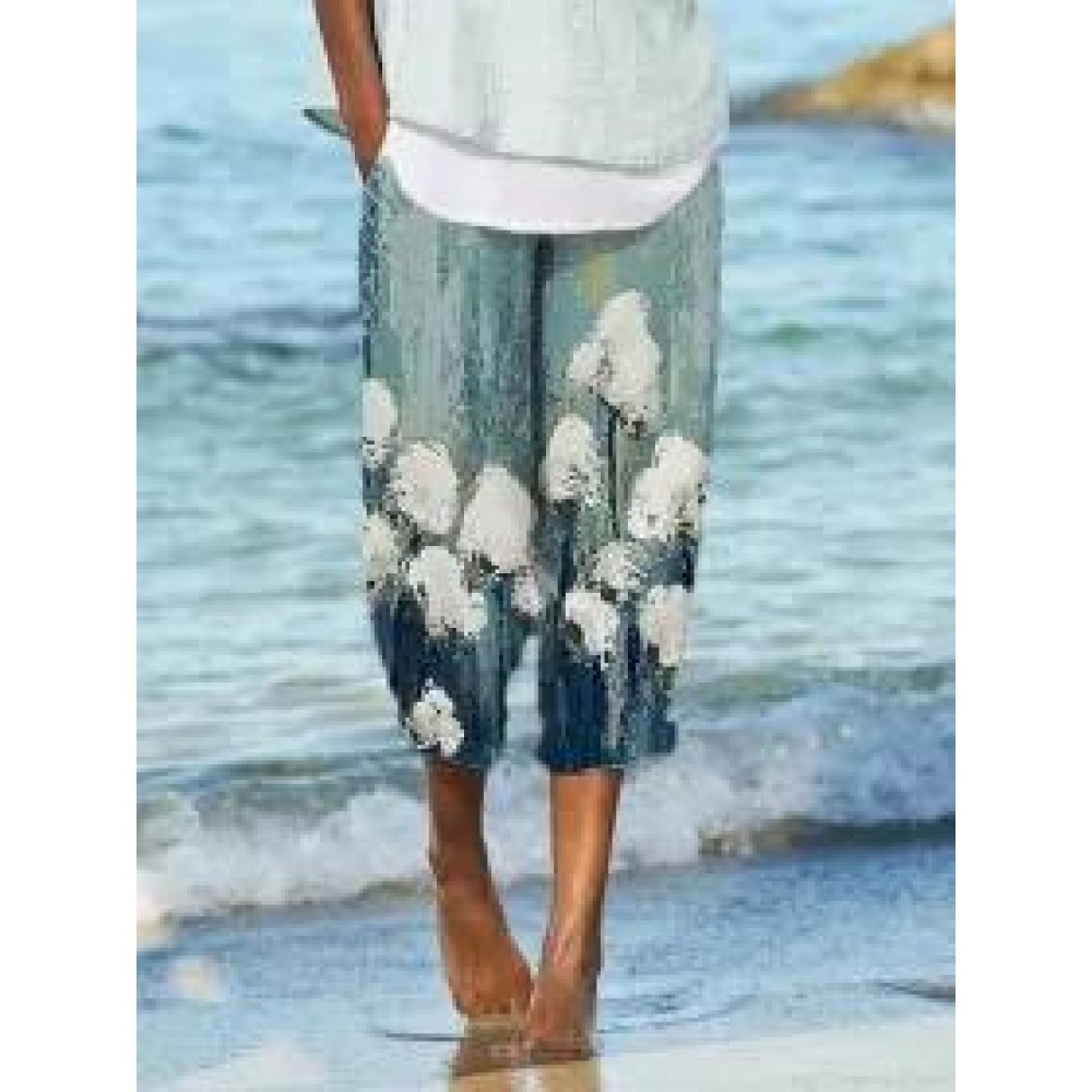 Womens Oil Painting Flowers Print Casual Shorts