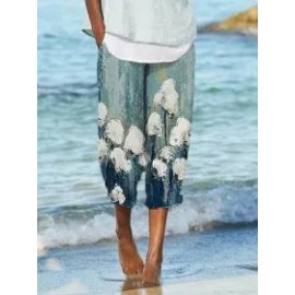 Womens Oil Painting Flowers Print Casual Shorts