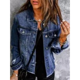 Stylish Single-Breasted Fold Over Collar Demin Coat