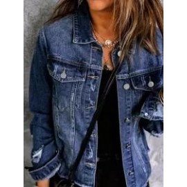 Stylish Single-Breasted Fold Over Collar Demin Coat