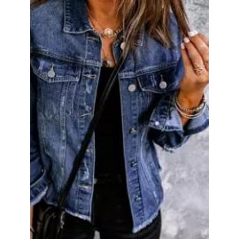 Stylish Single-Breasted Fold Over Collar Demin Coat
