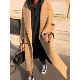 Solid Color Double-pocket Double-breasted Woolen Coat