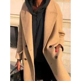 Solid Color Double-pocket Double-breasted Woolen Coat