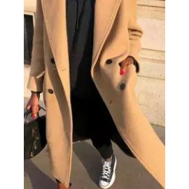 Solid Color Double-pocket Double-breasted Woolen Coat