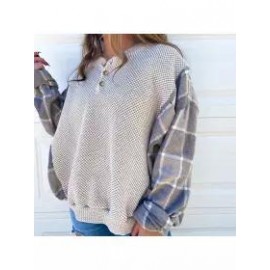 Women Plaid Patchwork Knited Button Sweatshirt