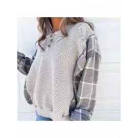 Women Plaid Patchwork Knited Button Sweatshirt