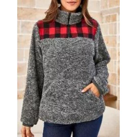 Ladies Turtleneck Plaid Stitching Turtleneck Sweatshirt