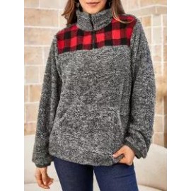 Ladies Turtleneck Plaid Stitching Turtleneck Sweatshirt