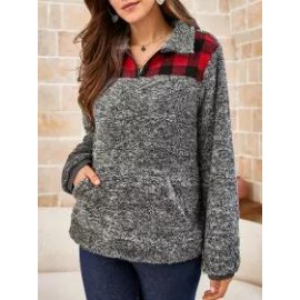 Ladies Turtleneck Plaid Stitching Turtleneck Sweatshirt
