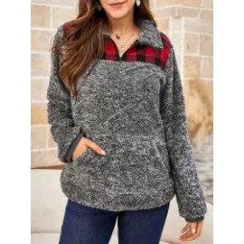 Ladies Turtleneck Plaid Stitching Turtleneck Sweatshirt