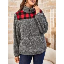 Ladies Turtleneck Plaid Stitching Turtleneck Sweatshirt
