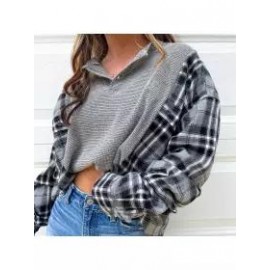 Women Vintage Plaid Patchwork Button Sweatshirt