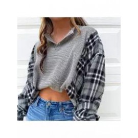 Women Vintage Plaid Patchwork Button Sweatshirt