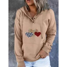 Casual Heart Print Hooded Drawstring Sweatshirt