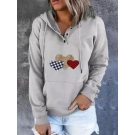 Casual Heart Print Hooded Drawstring Sweatshirt