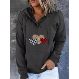 Casual Heart Print Hooded Drawstring Sweatshirt