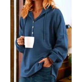 Fashion Plain Casual Button Long Sleeve Hoodie