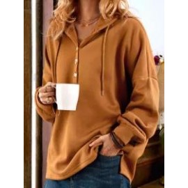 Fashion Plain Casual Button Long Sleeve Hoodie