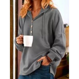 Fashion Plain Casual Button Long Sleeve Hoodie