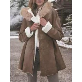Faux Velvet Hooded Fur-collar Midi Coat
