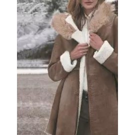 Faux Velvet Hooded Fur-collar Midi Coat