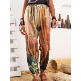 Plant Print Casual Loose Elastic Waist Pants