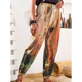 Plant Print Casual Loose Elastic Waist Pants