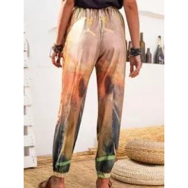 Plant Print Casual Loose Elastic Waist Pants