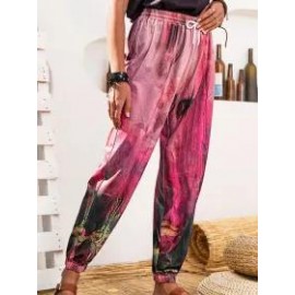 Plant Print Casual Loose Elastic Waist Pants