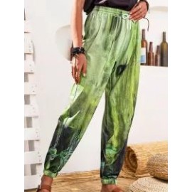 Plant Print Casual Loose Elastic Waist Pants
