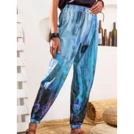 Plant Print Casual Loose Elastic Waist Pants