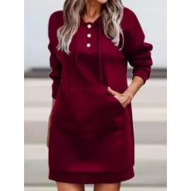 Casual Loose Solid Color Pocket Long Sleeve Hooded Short Dress