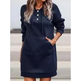 Casual Loose Solid Color Pocket Long Sleeve Hooded Short Dress