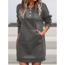 Casual Loose Solid Color Pocket Long Sleeve Hooded Short Dress