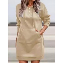 Casual Loose Solid Color Pocket Long Sleeve Hooded Short Dress