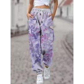 Printed High Waist Drawstring Lounge Pants Casual Stretch Pants