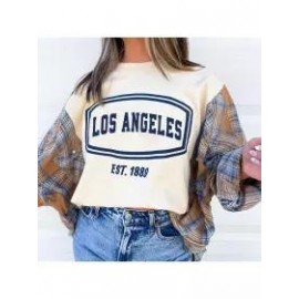 Women LOS ANGEELES Plaid Patchwork Casual Sweatshirt