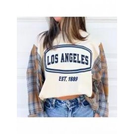 Women LOS ANGEELES Plaid Patchwork Casual Sweatshirt